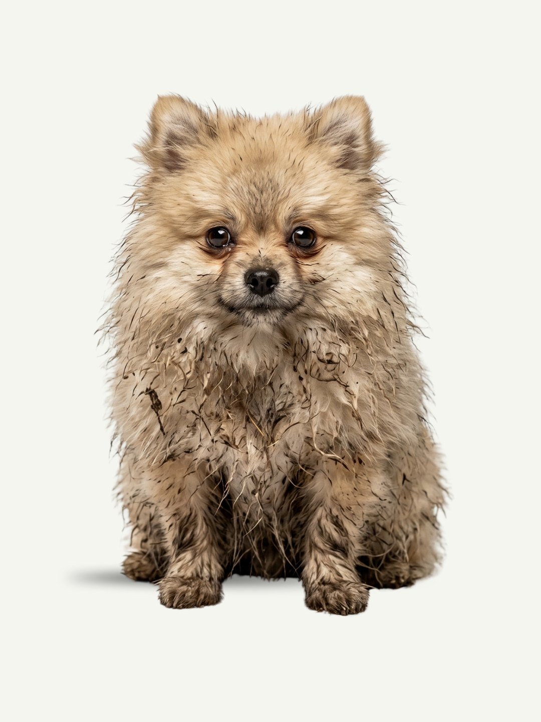 Before: Pomeranian with a mud-covered coat